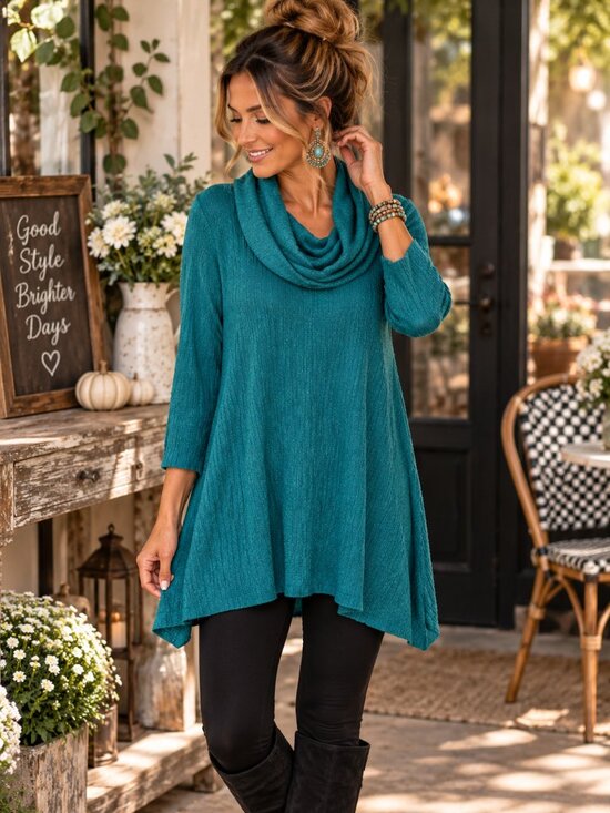 Ali Miles Tops - Ali Miles L Teal Cowl Neck Tunic Top Textured Swing Boho Lagenlook